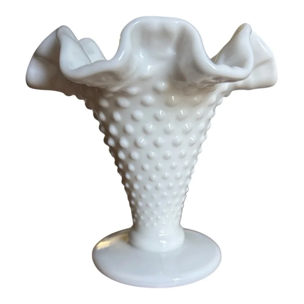 Fenton Milk Glass Hobnail Double Crimped Footed Vases Pair